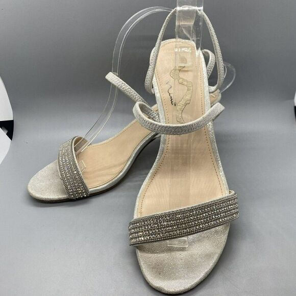 Nina 8.5M Strappy Silver Open Toe‎ Heels Sandals Rhinestones Special Occasion - Picture 2 of 7